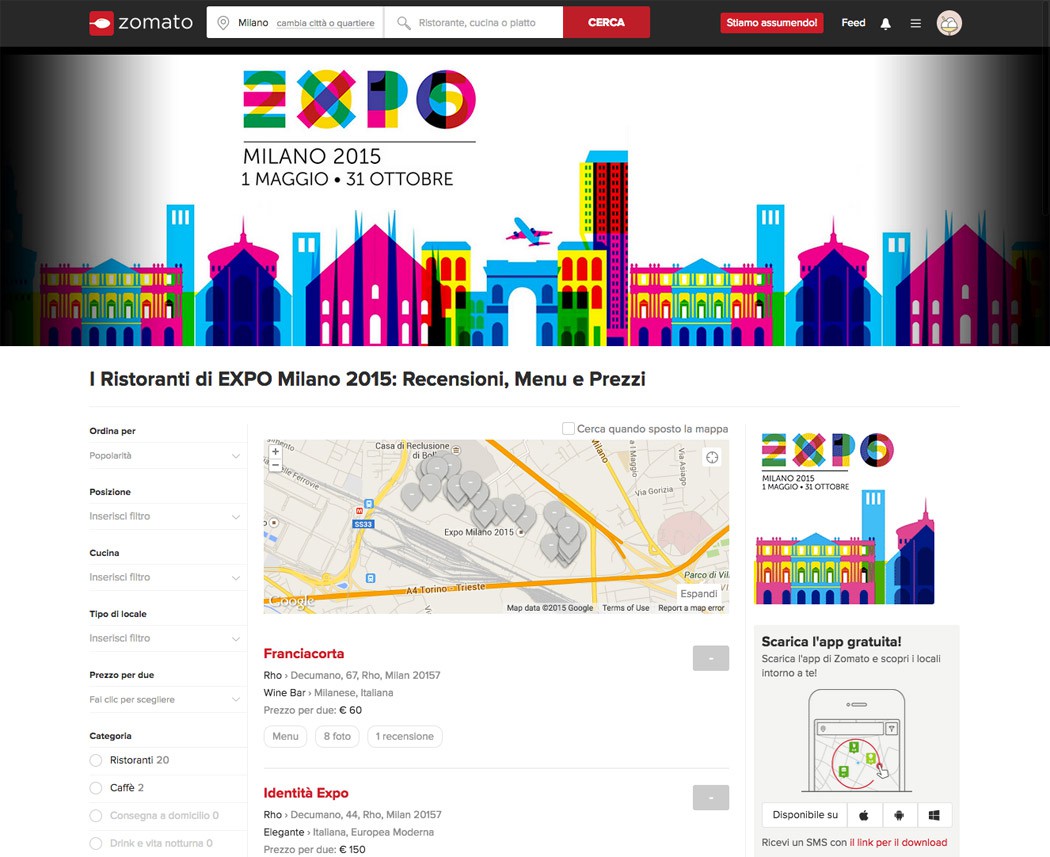 il minisito di Zomato dedicato a EXPO