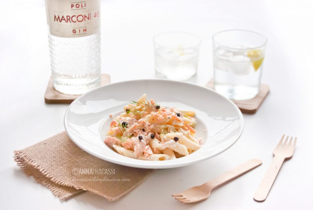 Penne al gin e trota salmonata