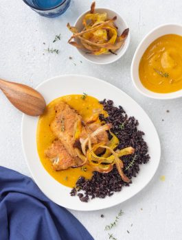 Merluzzo al forno su crema di zucca e riso venere