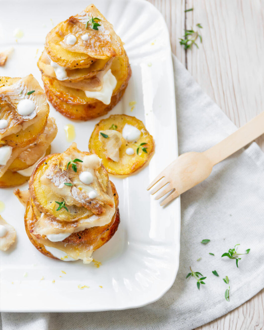 Millefoglie di merluzzo e patate al timo