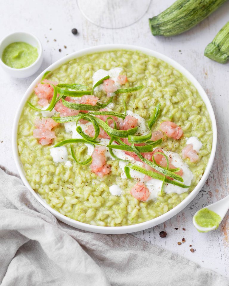 Risotto al crudo di gamberi stracciatella e zucchine